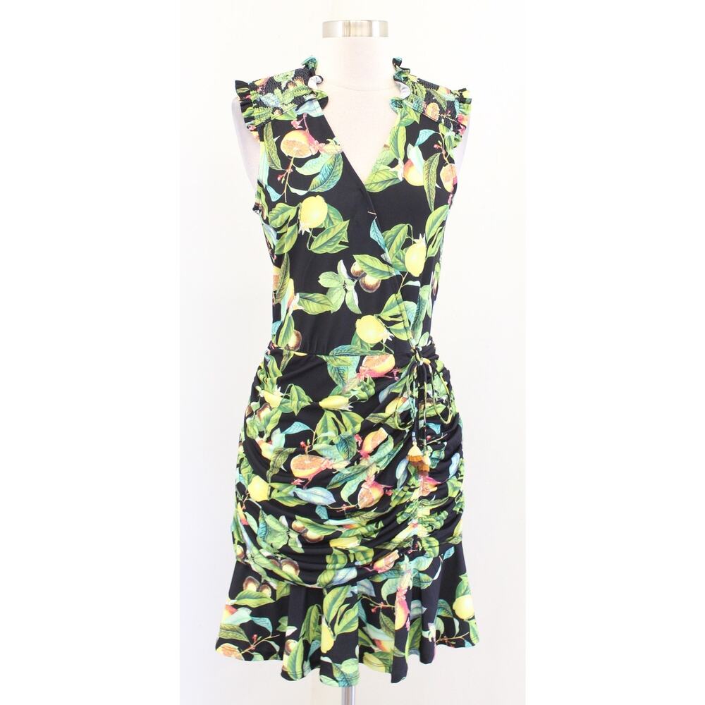 Hale Bob Black Green Lemon Fruit Print Ruffle Ruched Dress Size S Sleeveless